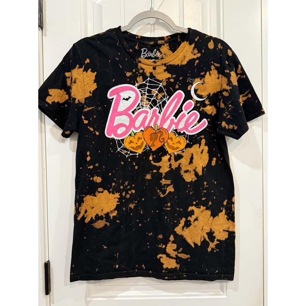Barbie Halloween Graphic T-Shirt Black Bleached‎ Pumpkins Spiderweb Size M